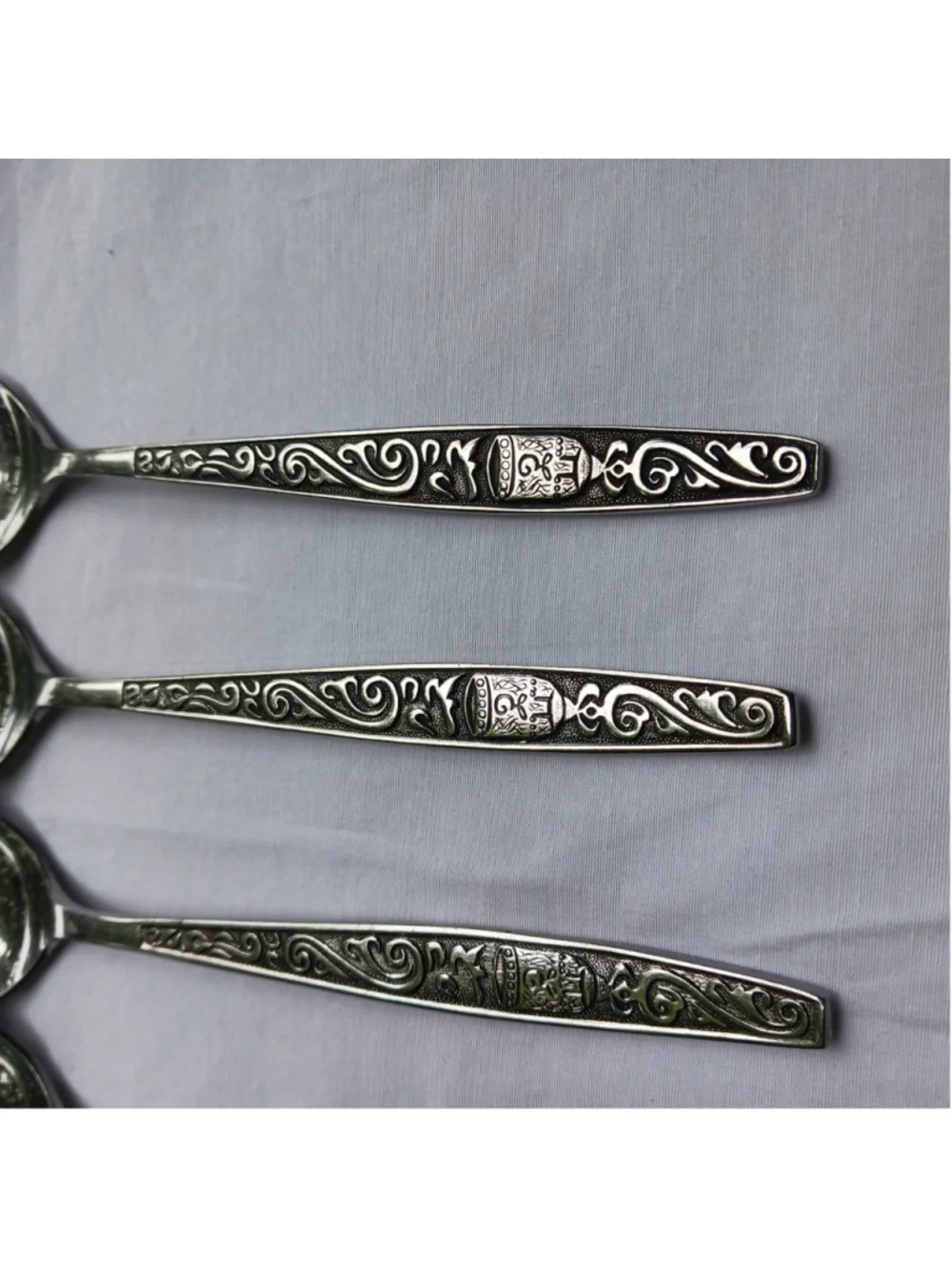 VTG MCM Stainless Steel Flatware Set Scroll Asian Good Luck Bell Chalice